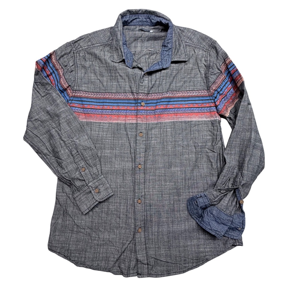 Earthbound Trading Co Mens XL Gray Southwestern Stripe Cotton Button Down Shirt